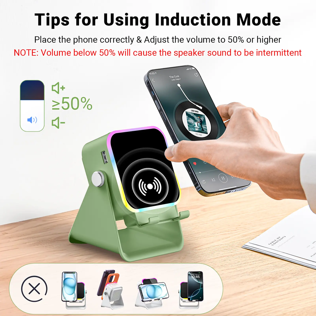 PUTARE Wireless Induction Audio Speaker Stand, 5in1 Cellphone Holder, 3500mAh Rechargeable Emergency Power Bank,360° Adjustable Mobile Tablet Stand with Colorful Ambient Light Gifts for Men Women SummerWins