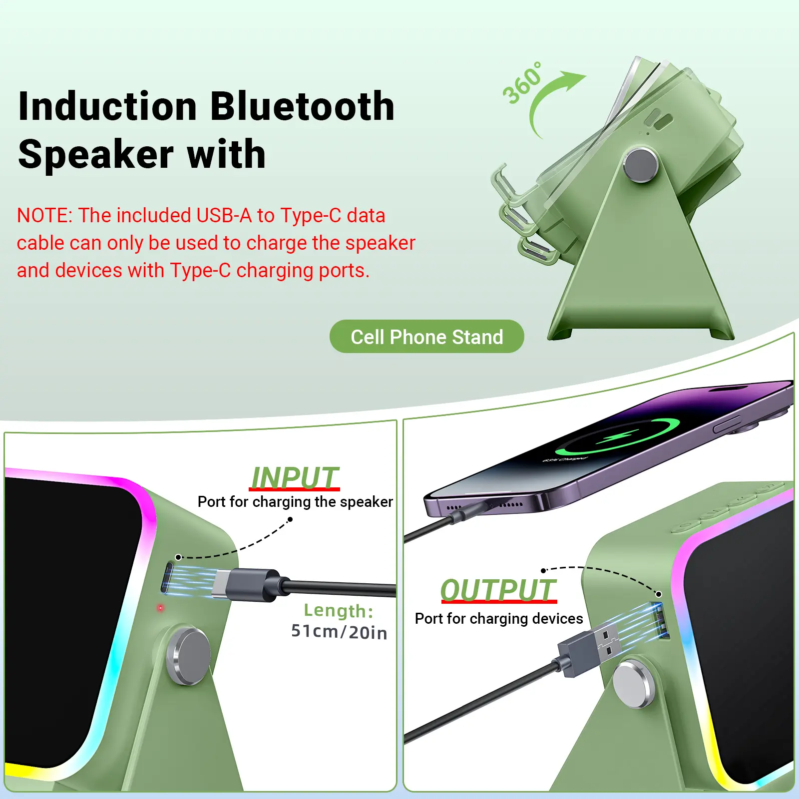 PUTARE Wireless Induction Audio Speaker Stand, 5in1 Cellphone Holder, 3500mAh Rechargeable Emergency Power Bank,360° Adjustable Mobile Tablet Stand with Colorful Ambient Light Gifts for Men Women SummerWins